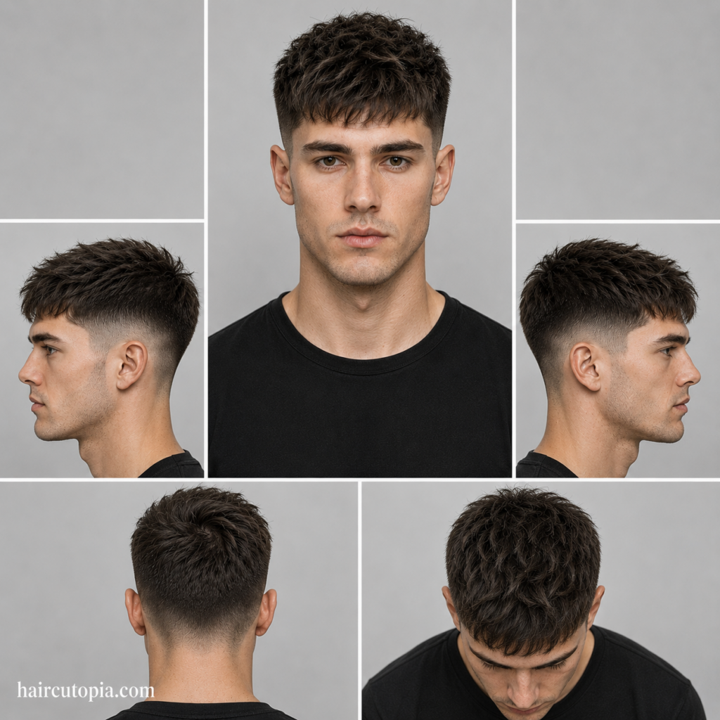 Five-panel collage showing a fictional man with a low fade haircut for long face shapes from front, side, back, and bird's-eye views with haircutopia.com watermark.