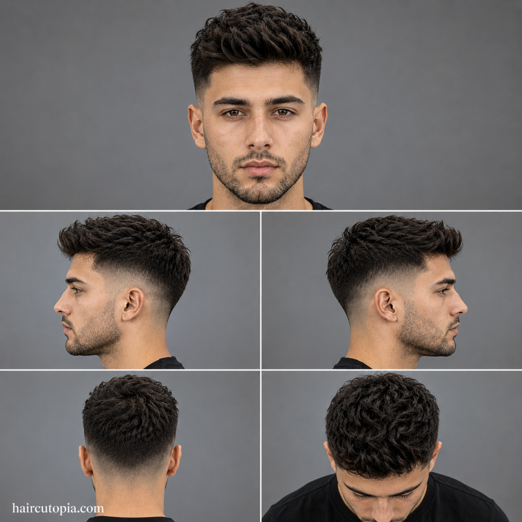 Five-panel collage showing a fictional man with a low fade haircut for oval face shapes from front, left side, right side, back, and top bird’s-eye views with haircutopia.com watermark.