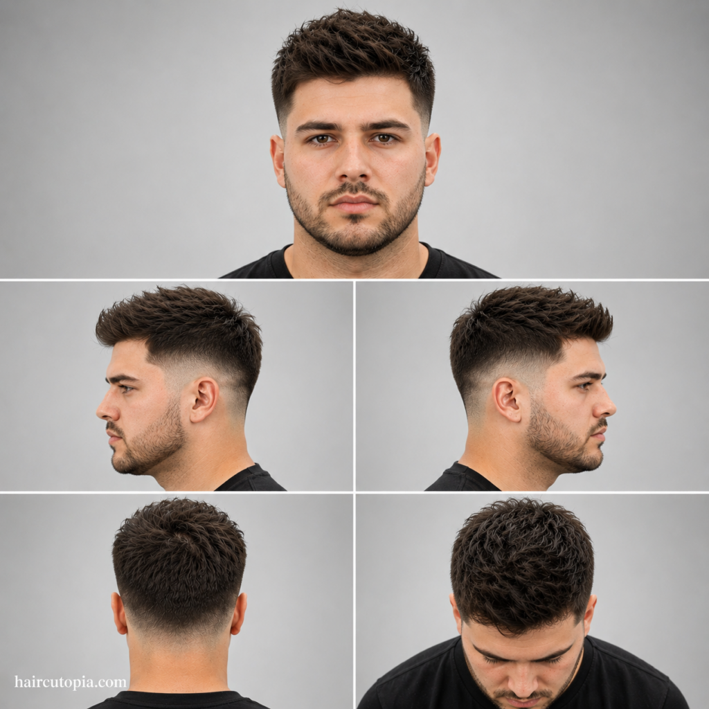 Five-panel collage showing a fictional man with a low fade haircut designed for round faces from front, left side, right side, back, and top bird’s-eye views with haircutopia.com watermark.