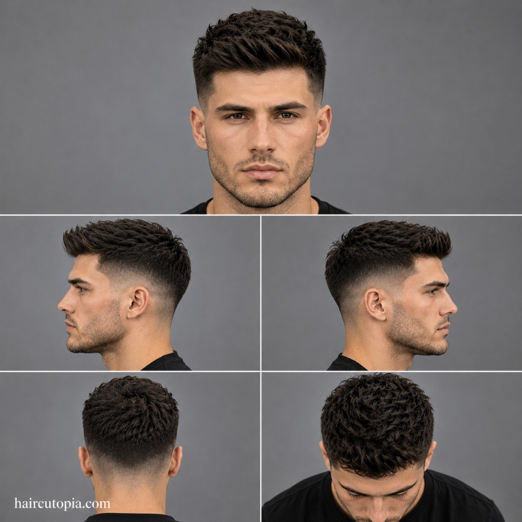 Five-panel collage showing a fictional man with a low fade haircut for square face shapes from front, left side, right side, back, and top bird’s-eye views with haircutopia.com watermark.