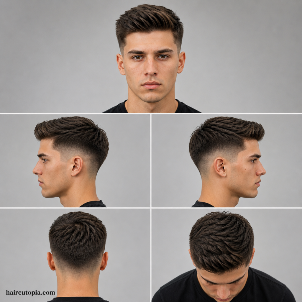 Five-panel collage showing a fictional man with a low fade straight haircut from front, left side, right side, back, and top bird’s-eye views with haircutopia.com watermark.