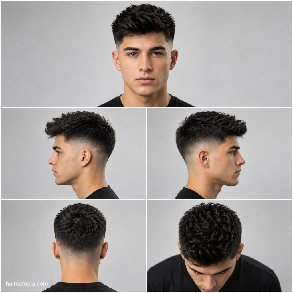 Five-panel collage showing a low fade haircut for thick hair from front, left side, right side, back, and bird’s-eye views with haircutopia.com watermark.