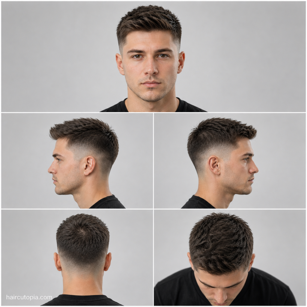Five-panel collage showing a low fade haircut for thin hair from front, left side, right side, back, and bird’s-eye views with haircutopia.com watermark.