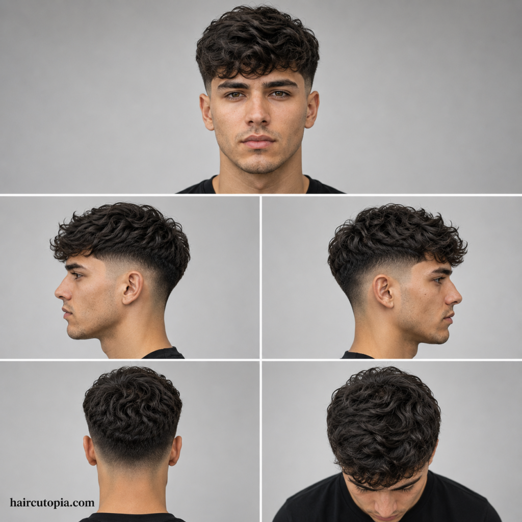 Five-panel collage showing a fictional man with a low fade wavy haircut from front, left side, right side, back, and top bird’s-eye views with haircutopia.com watermark.