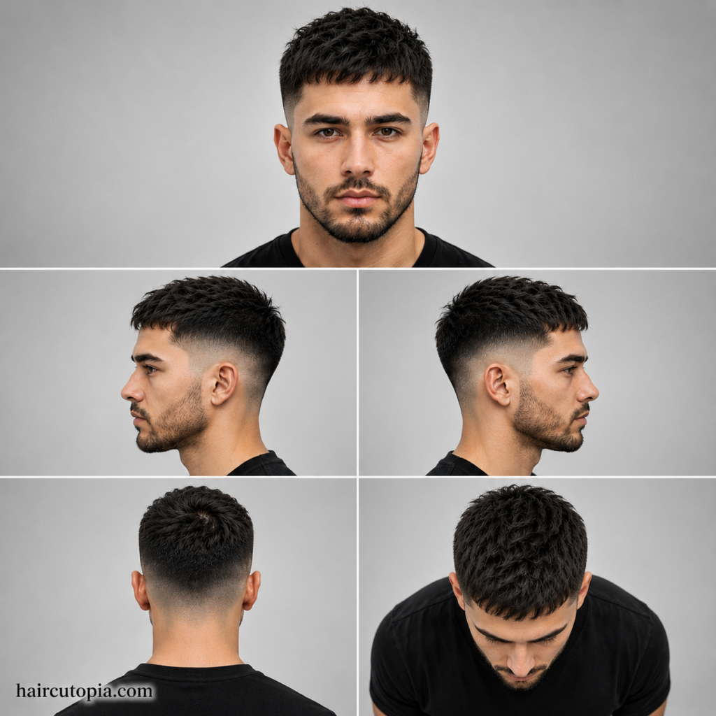 Five-panel collage of a low maintenance fade haircut showing front, left side, right side, back, and bird's-eye views on a fictional man with haircutopia.com.