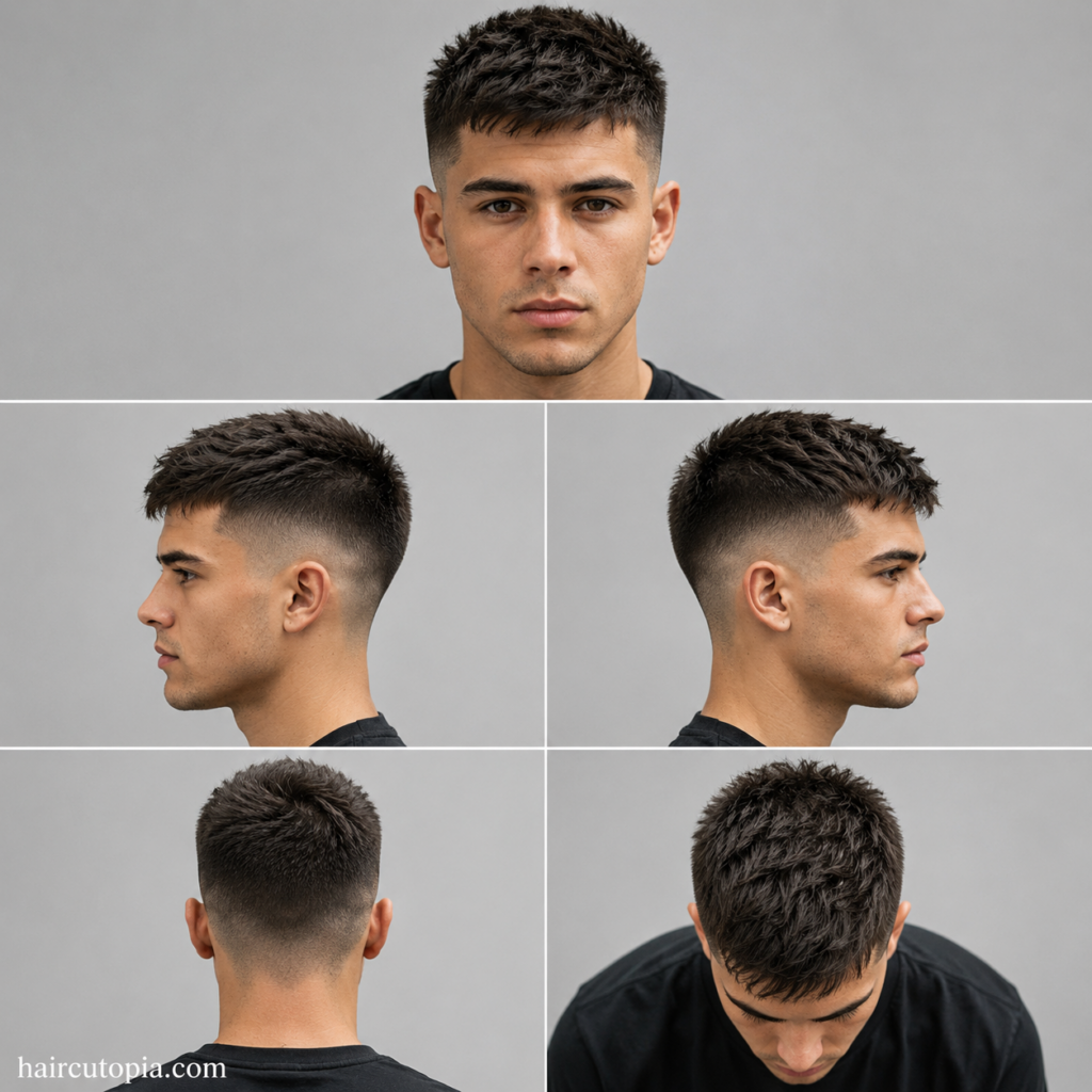 Five-panel collage showing a low maintenance low fade haircut from front, left side, right side, back, and top views on a fictional male model with haircutopia.com watermark.