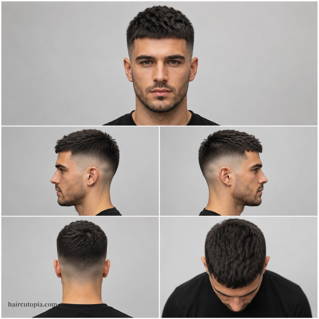 Five-panel collage showing a low maintenance mid fade haircut from the front, left side, right side, back, and top views.