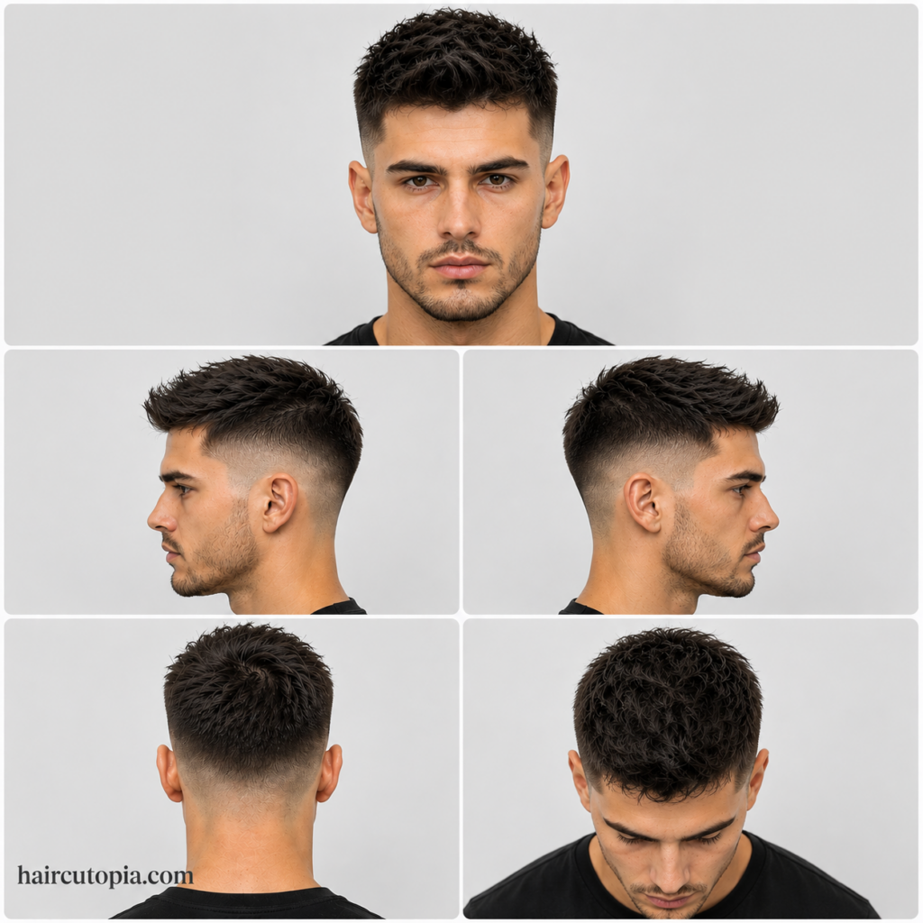Five-panel collage of a fictional man with a modern medium fade haircut shown from front, left side, right side, back, and bird’s-eye views with haircutopia.com watermark.