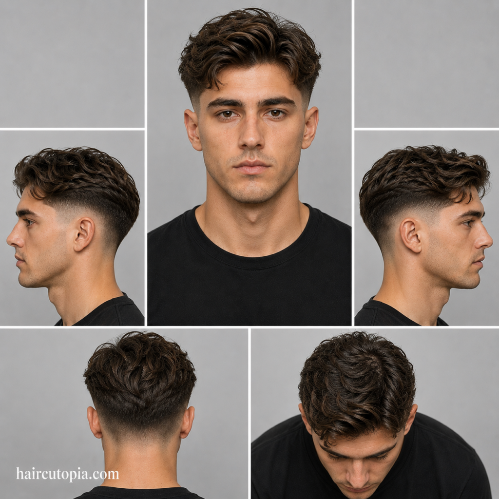 Five-panel collage showing a fictional man with a medium low fade haircut from front, side, back, and bird's-eye views with haircutopia.com watermark.