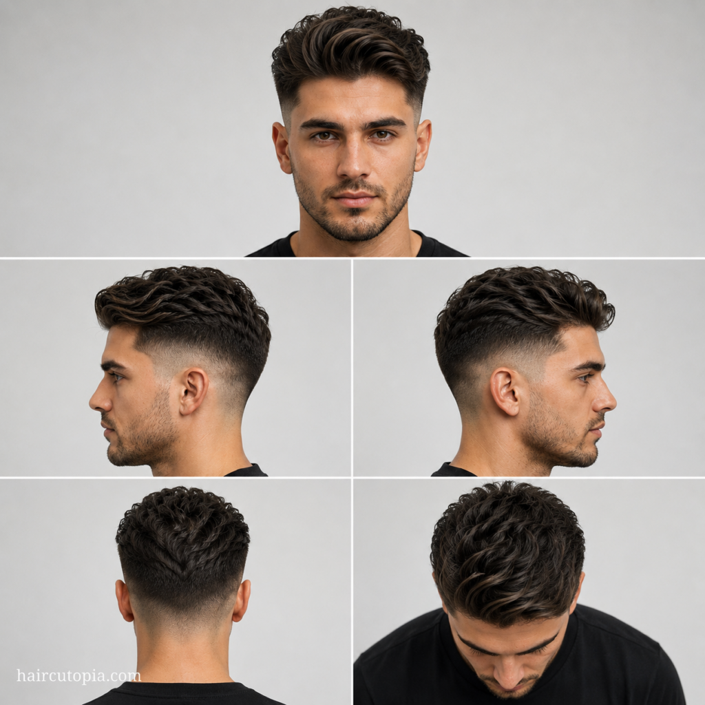 Five-panel collage showing a medium mid fade haircut from the front, left side, right side, back, and top view, highlighting volume on top and clean fade transitions.