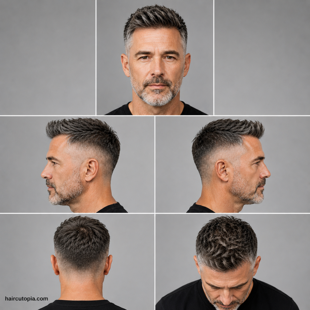 Five-panel collage showing a fictional man over 40 with a fade haircut from front, left side, right side, back, and bird's-eye views with haircutopia.com watermark.