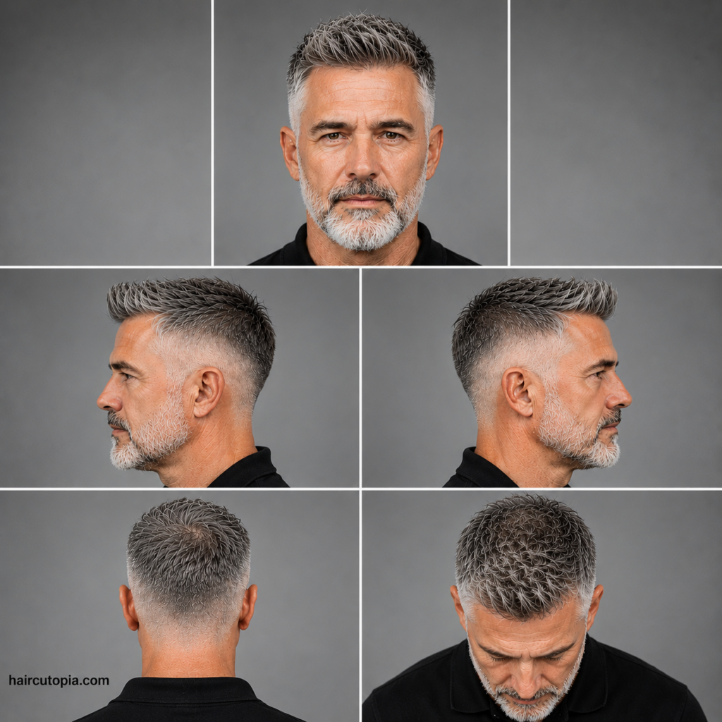 Five-panel collage showing a fictional man over 50 with a fade haircut from front, left side, right side, back, and bird's-eye views with haircutopia.com watermark.