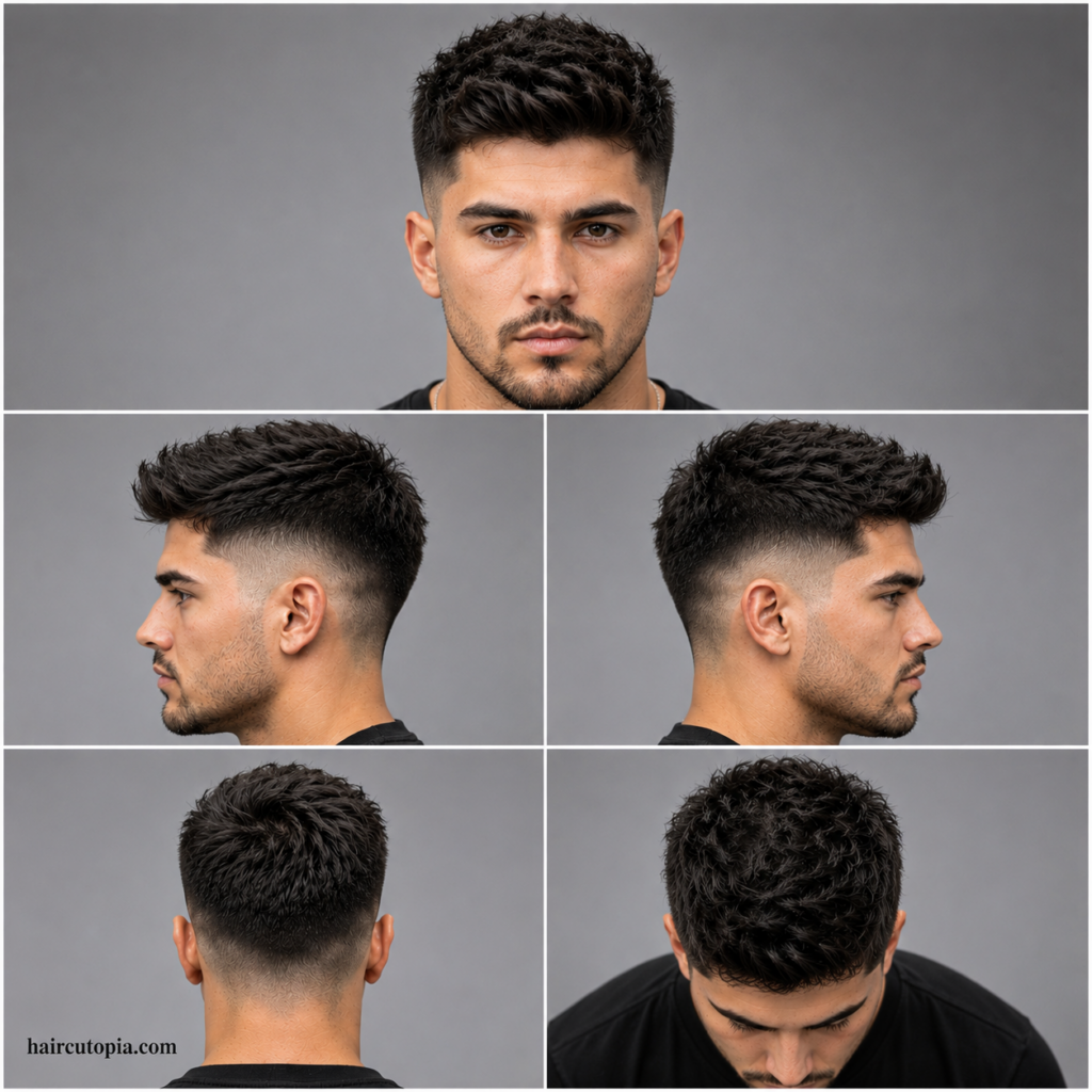 Five-panel collage showing front, side, back, and top views of a coarse hair mid fade haircut for men with haircutopia.com watermark.