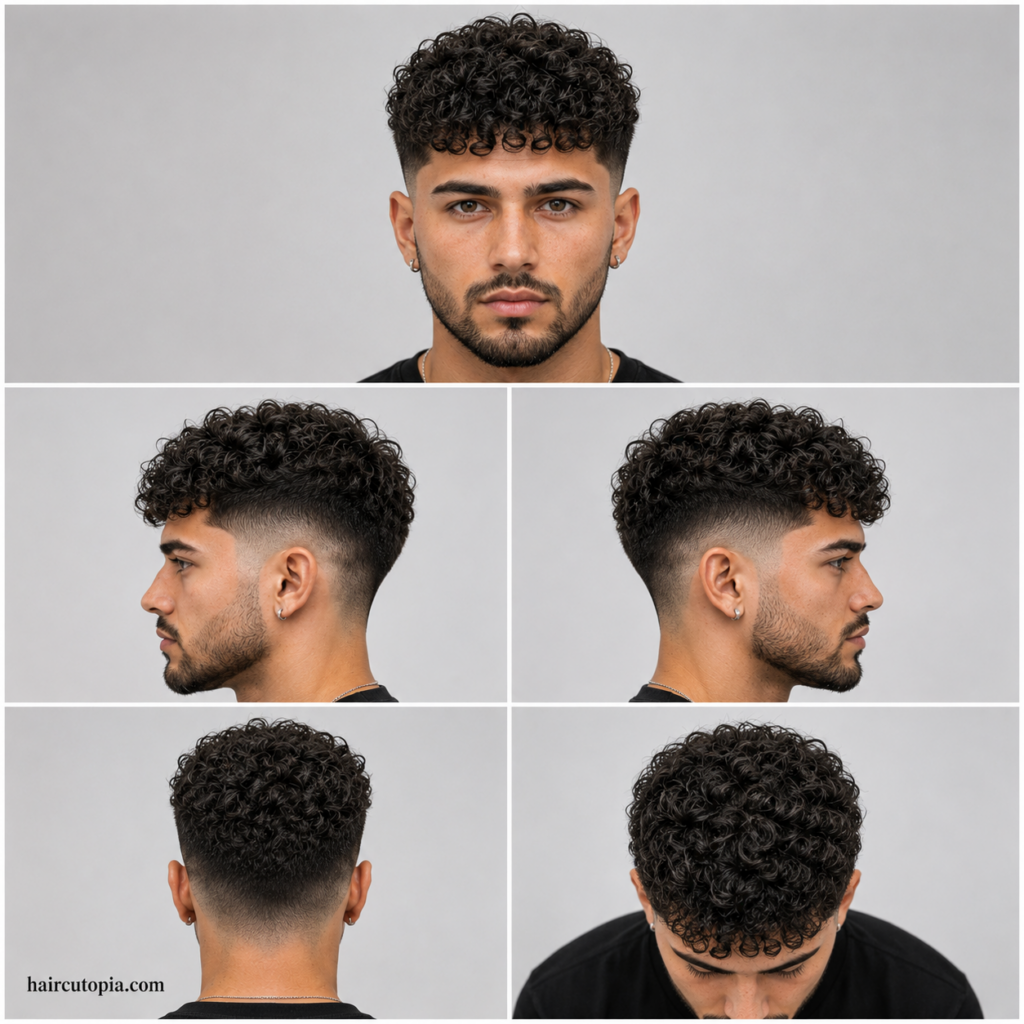 Five-panel collage showing front, side, back, and top views of a curly mid fade haircut for men with haircutopia.com watermark.