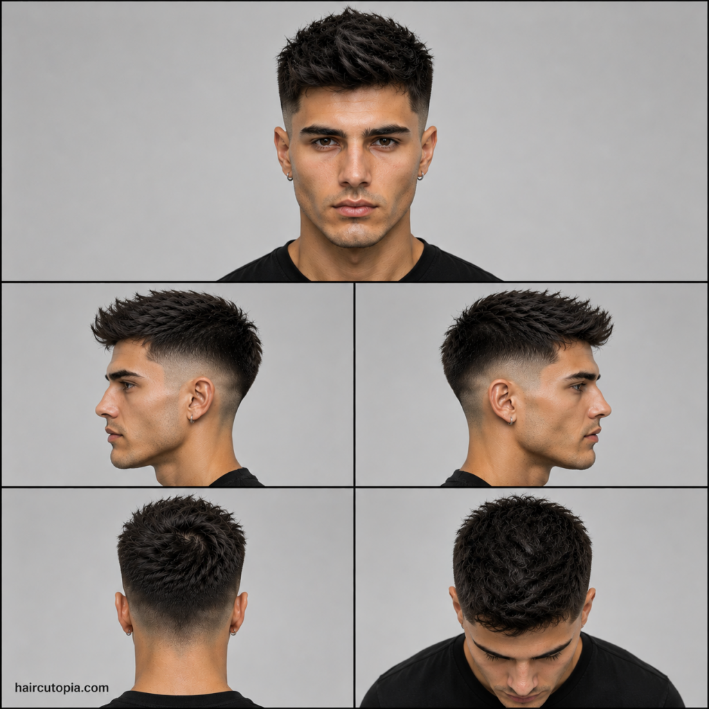 Five-panel collage showing a mid fade haircut for diamond face shapes from front, side, back, and top views.