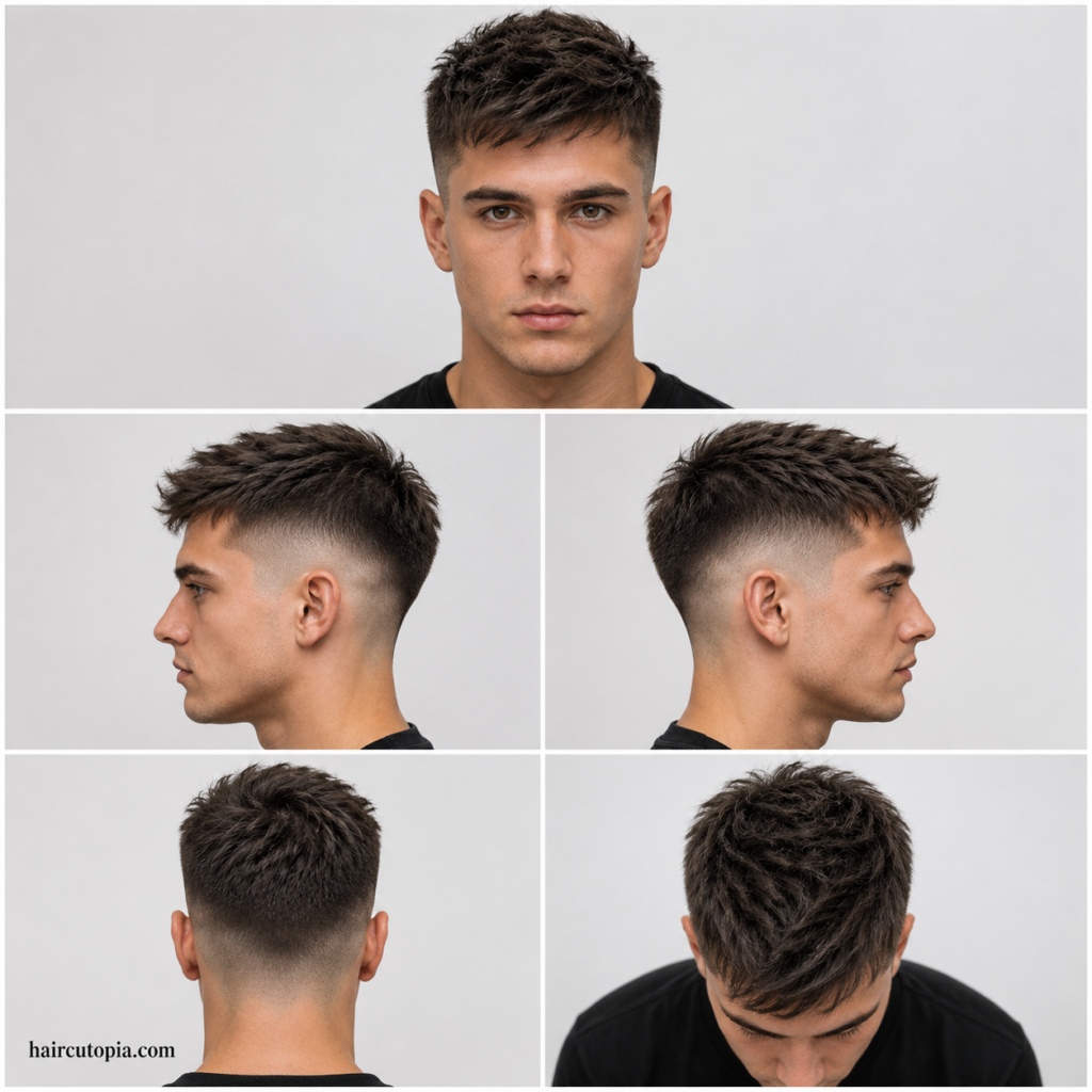 Five-panel collage showing front, side, back, and top views of a textured mid fade haircut for fine hair with haircutopia.com watermark.
