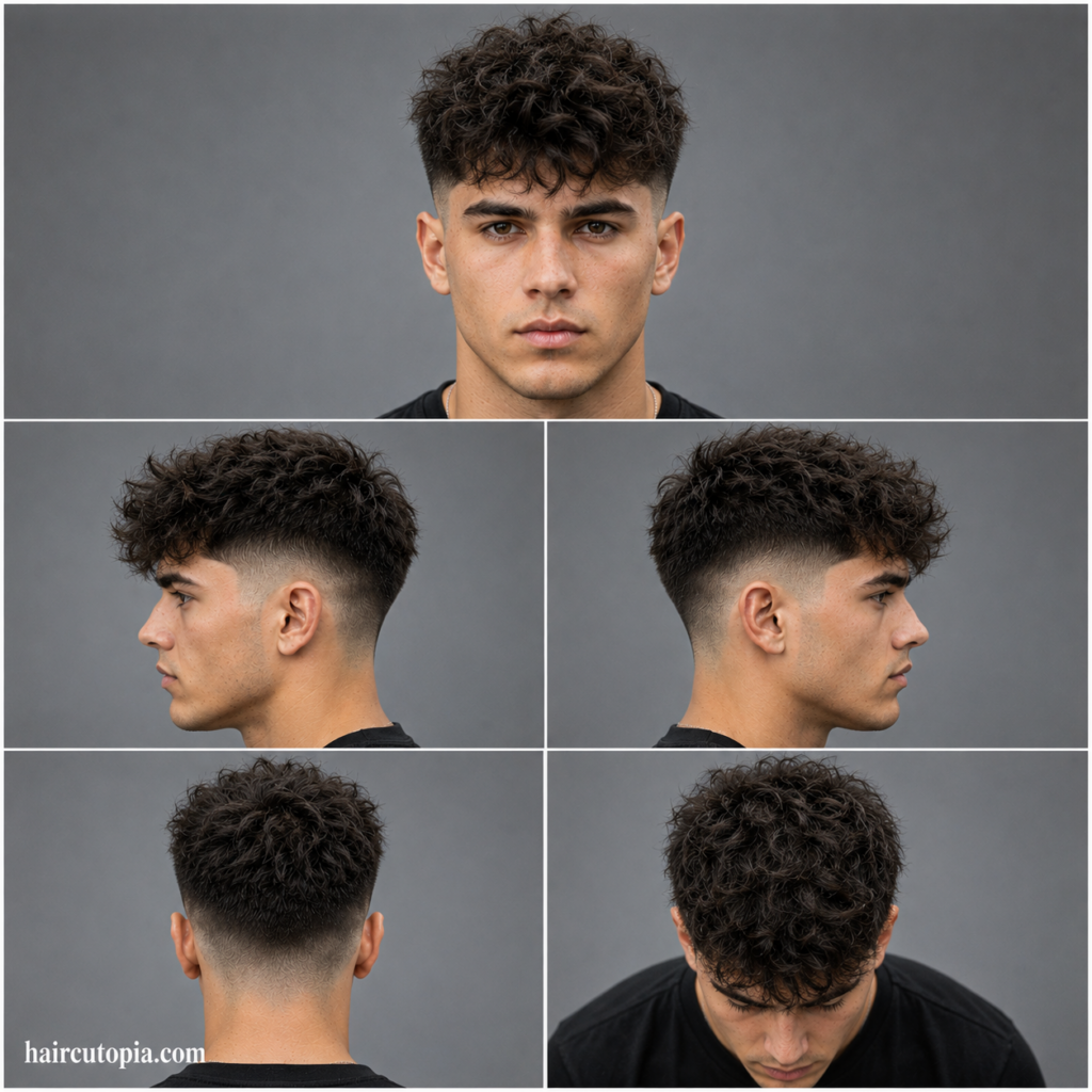 Five-panel collage showing front, side, back, and top views of a frizzy hair mid fade haircut for men with haircutopia.com watermark.