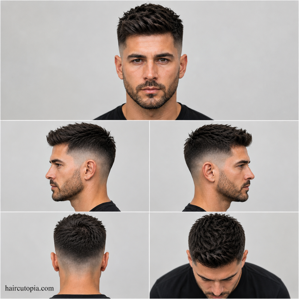 Five-panel collage showing a fictional man with a modern mid fade haircut from front, left side, right side, back, and bird’s-eye views with haircutopia.com watermark.