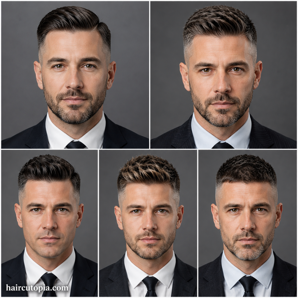 Five-panel collage featuring business professionals with different mid fade haircuts, including a side part, Ivy League, textured style, crew cut, and comb over, all shown from the front view.