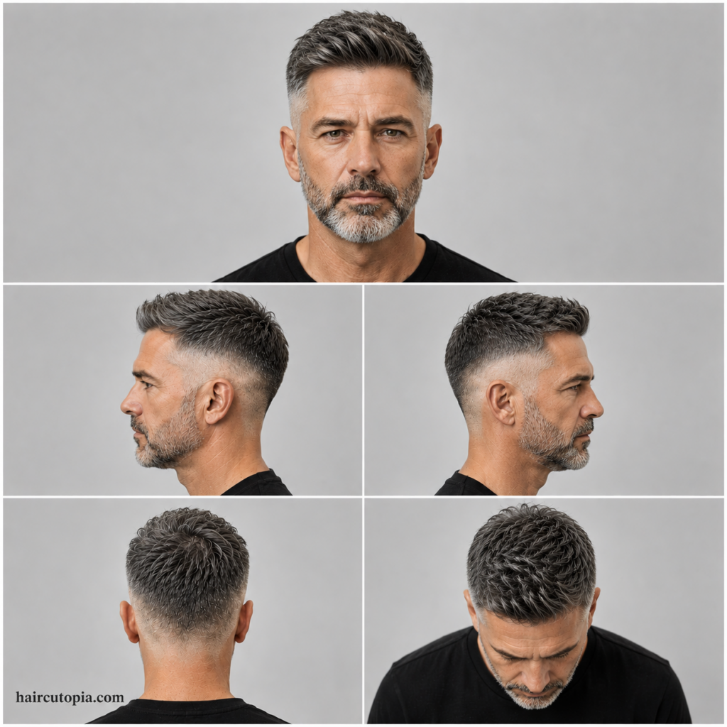 Five-panel collage showing a mid fade haircut for men over 40 from the front, left side, right side, back, and top views, highlighting clean fade blending, textured styling, and a mature professional appearance.