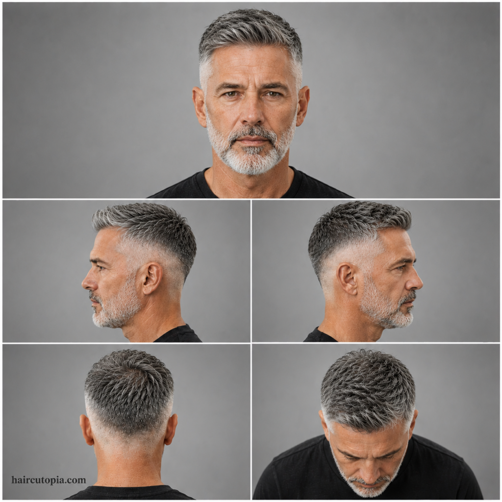 Five-panel collage showing a mid fade haircut for men over 50 from the front, left side, right side, back, and top views, highlighting silver hair texture, clean fade blending, and a refined mature style.
