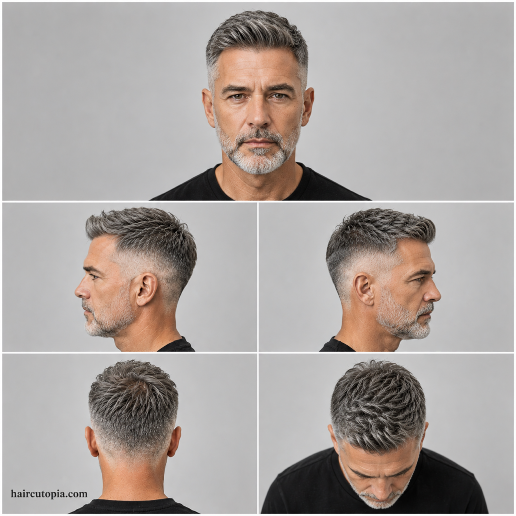Five-panel collage showing a mid fade haircut for older men from the front, left side, right side, back, and top views, highlighting clean blending, mature styling, and salt-and-pepper texture.