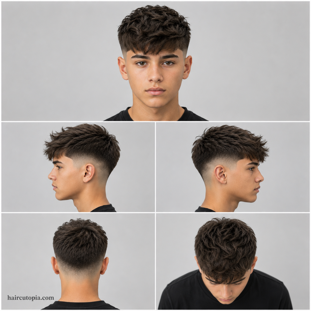 Five-panel collage showing a teen boy's mid fade haircut from the front, left side, right side, back, and top views, highlighting texture, fade blending, and youthful styling.
