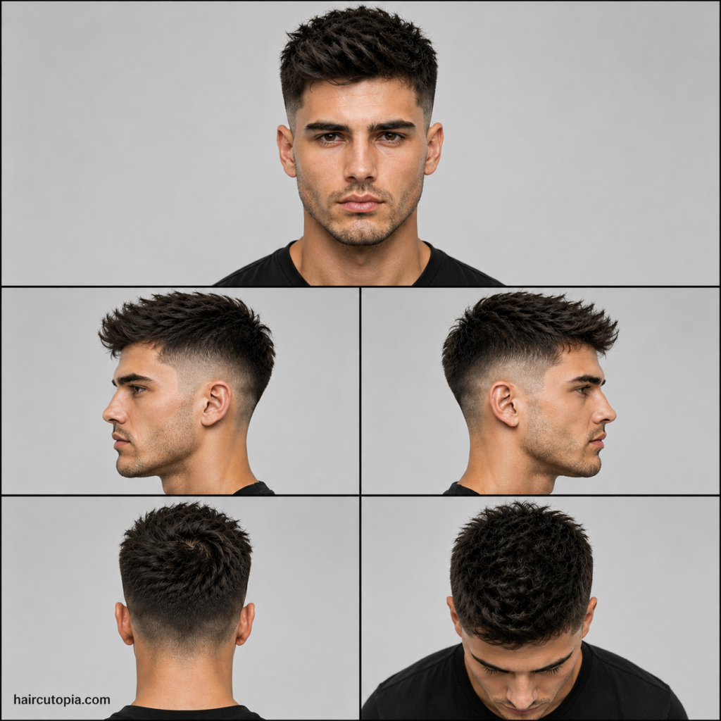 Five-panel collage showing a mid fade haircut for heart-shaped faces from front, side, back, and top views.