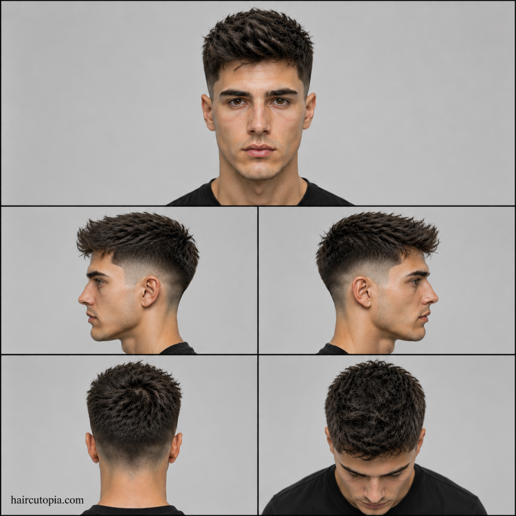 Five-panel collage showing a mid fade haircut for long face shapes from front, side, back, and top views.