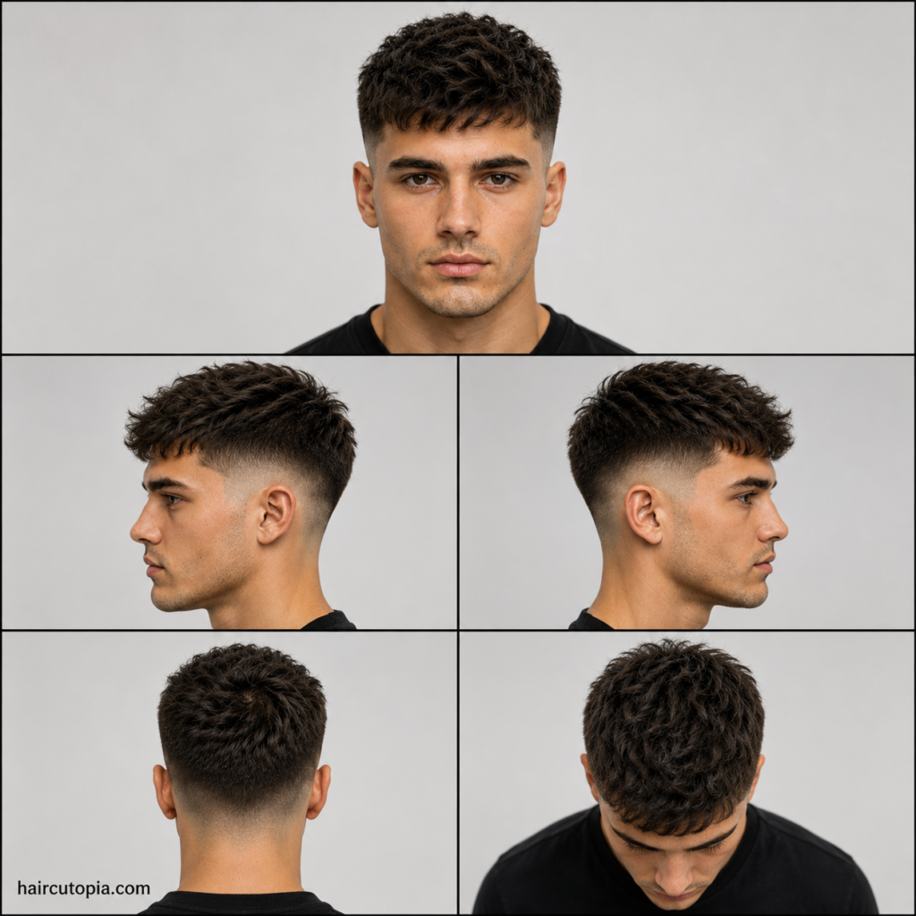 Five-panel collage showing a mid fade haircut for oval faces from front, side, back, and top views.