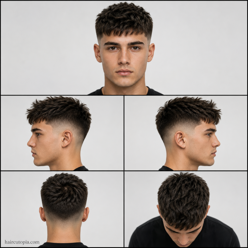 Five-panel collage showing a mid fade haircut for round faces from front, side, back, and top views.