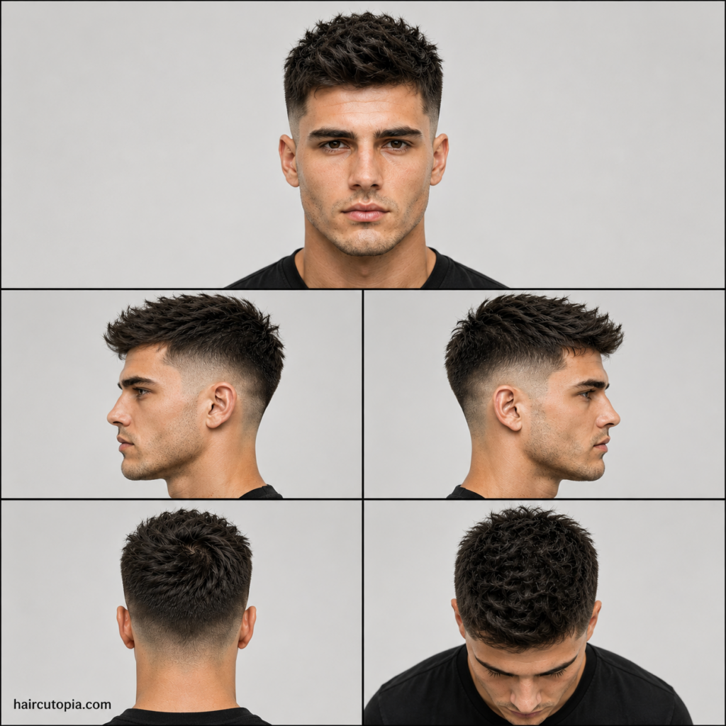 Five-panel collage showing a mid fade haircut for square faces from front, side, back, and top views.