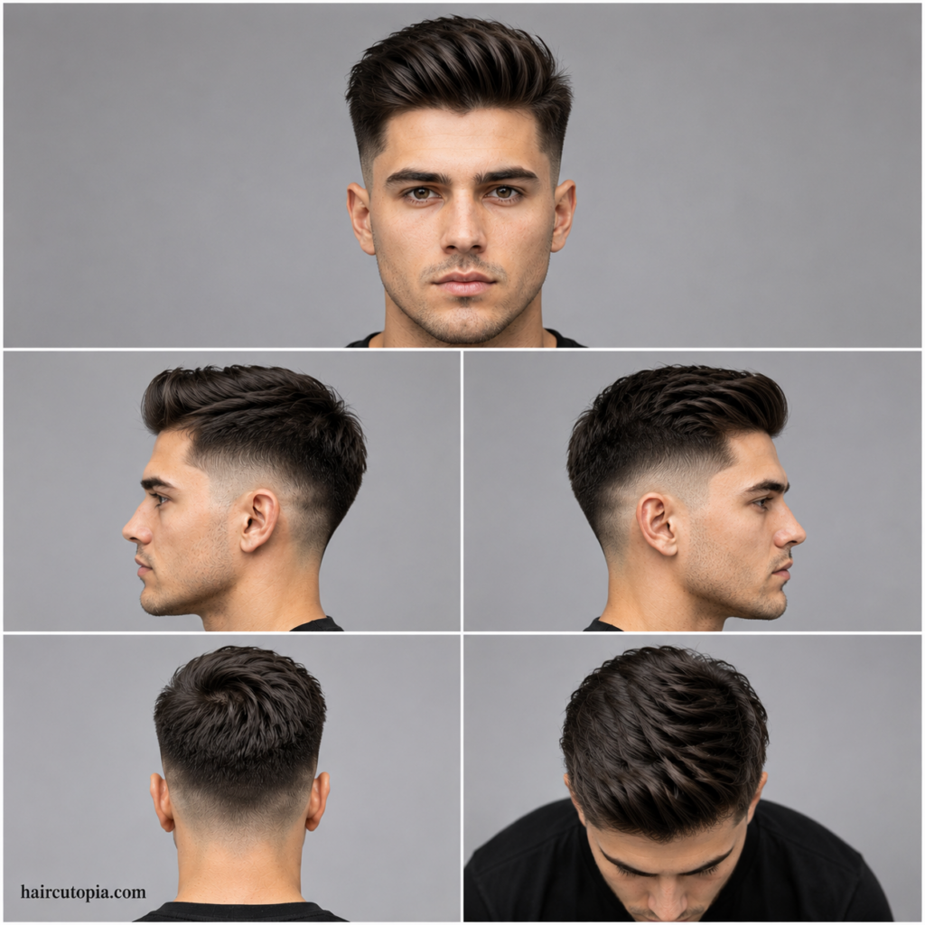 Five-panel collage showing front, side, back, and top views of a straight hair mid fade haircut for men with haircutopia.com watermark.