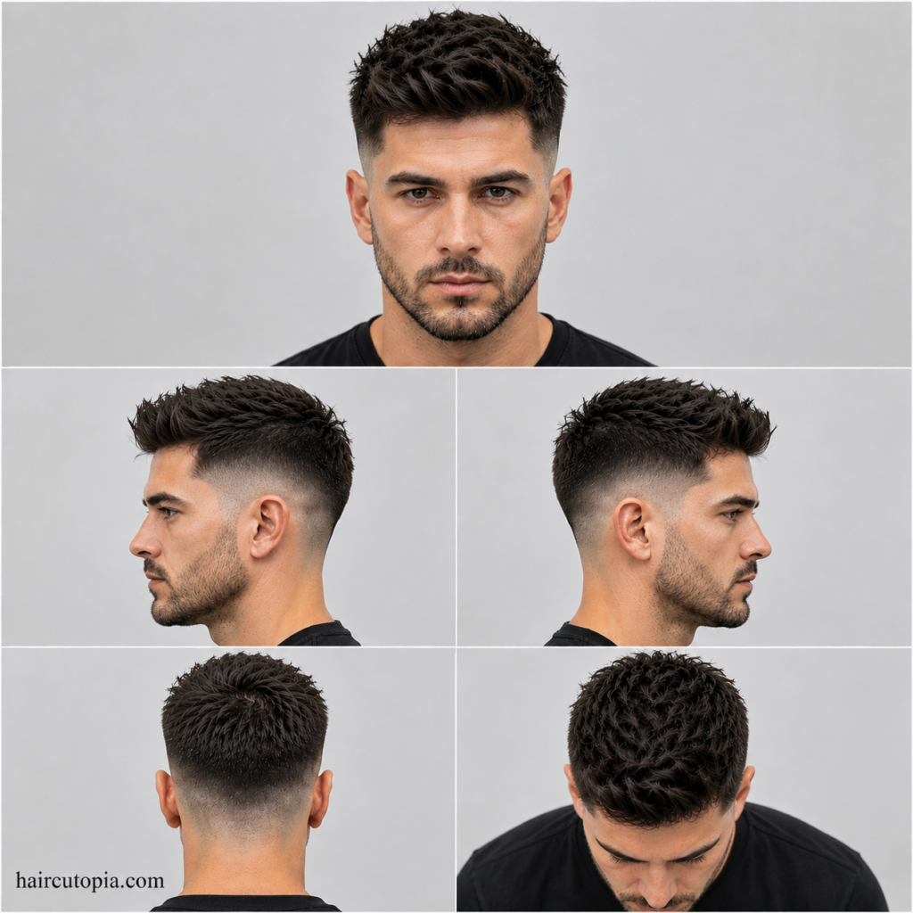 Five-panel collage showing a fictional man with a mid fade haircut for thick hair from front, left side, right side, back, and bird’s-eye views with haircutopia.com watermark.