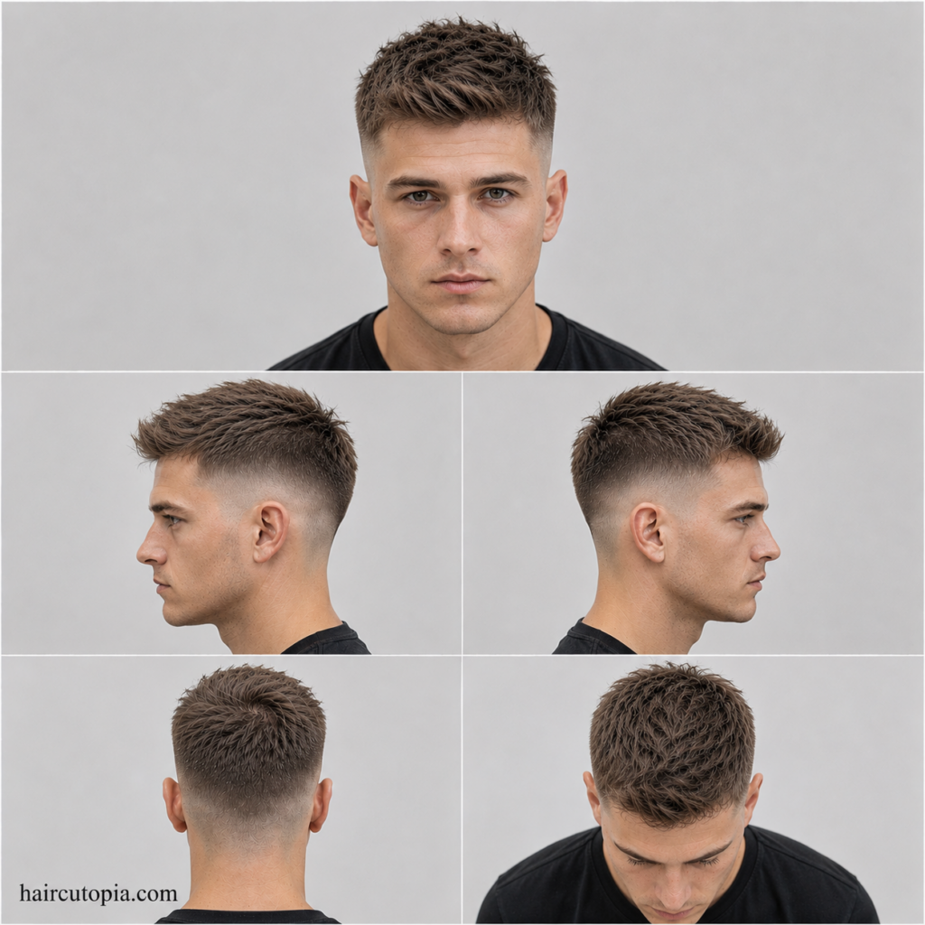 Five-panel collage showing a fictional man with a mid fade haircut for thin hair from front, left side, right side, back, and bird’s-eye views with haircutopia.com watermark.