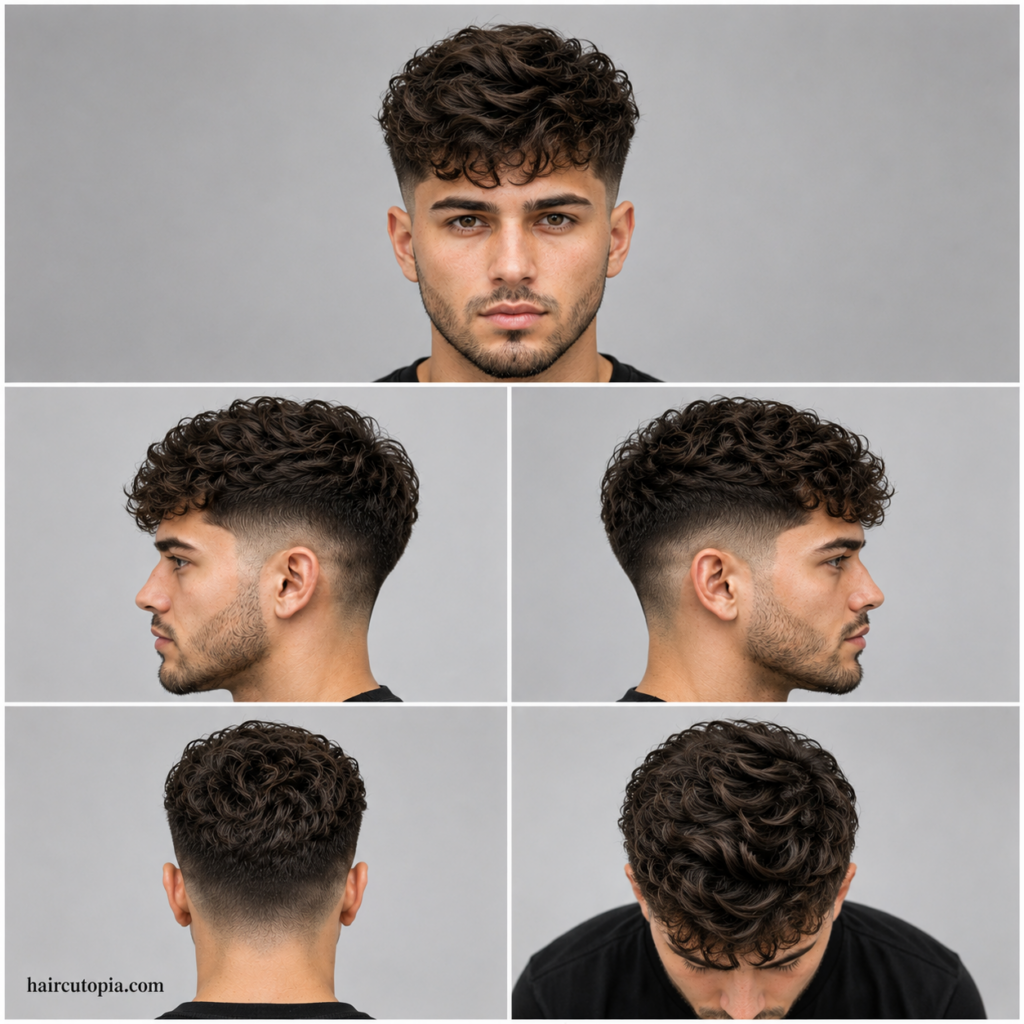 Five-panel collage showing front, side, back, and top views of a wavy mid fade haircut for men with haircutopia.com watermark.