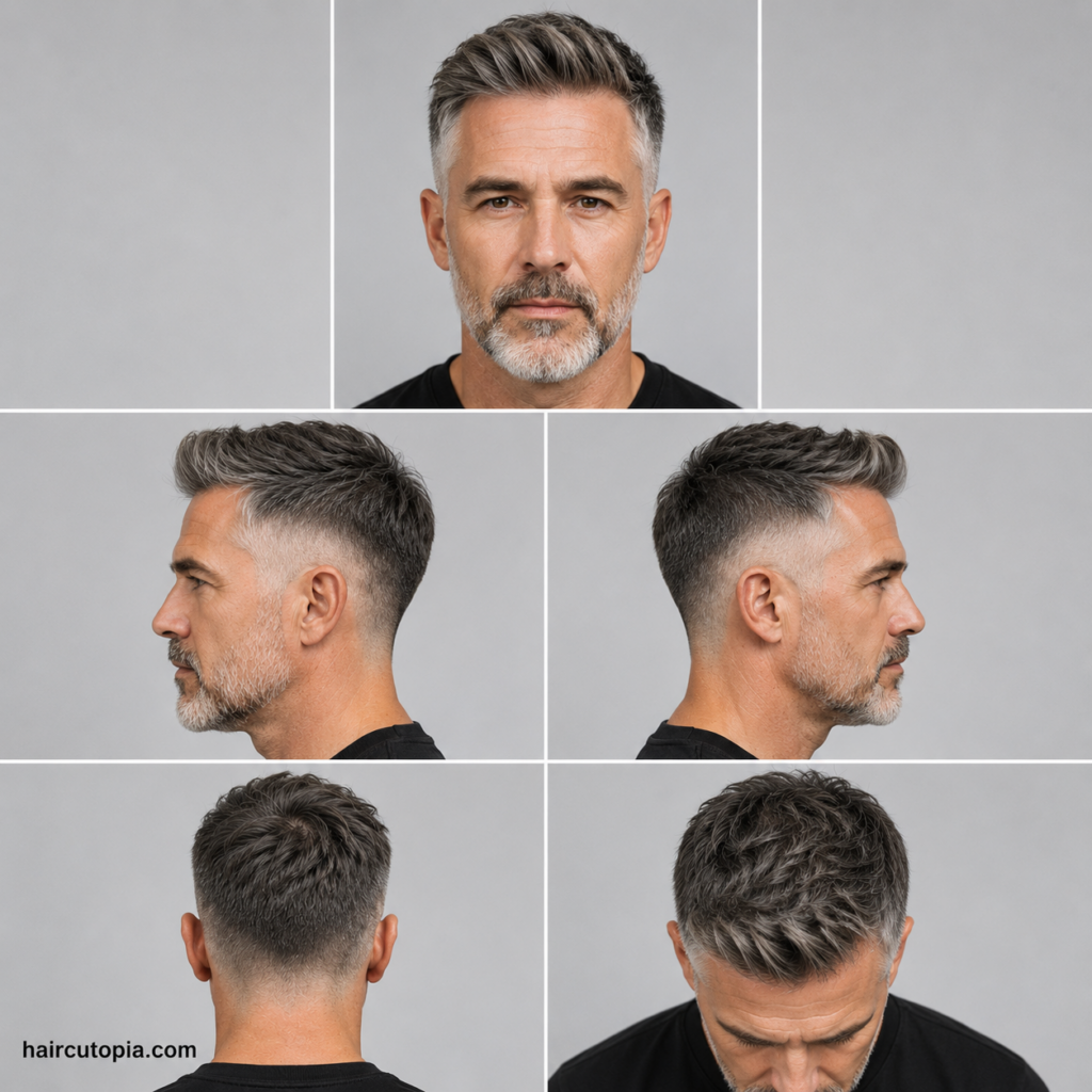 Five-panel collage showing a fictional older man with a fade haircut from front, left side, right side, back, and bird's-eye views with haircutopia.com watermark.
