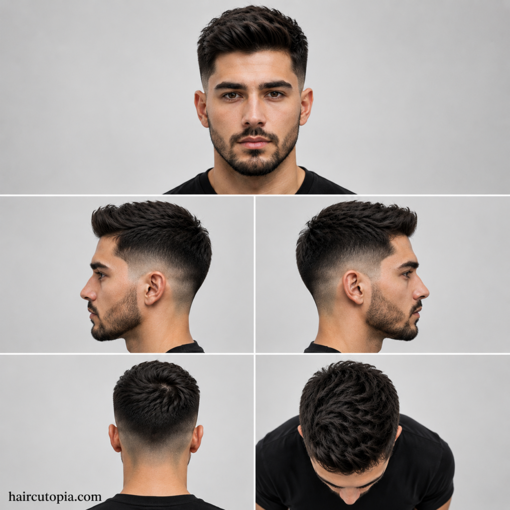 Five-panel collage showing a professional fade haircut from front, left side, right side, back, and bird's-eye views on a fictional man with haircutopia.com.