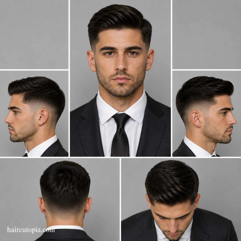Five-panel collage showing a fictional man with a professional low fade haircut from front, side, back, and bird's-eye views with haircutopia.com watermark.