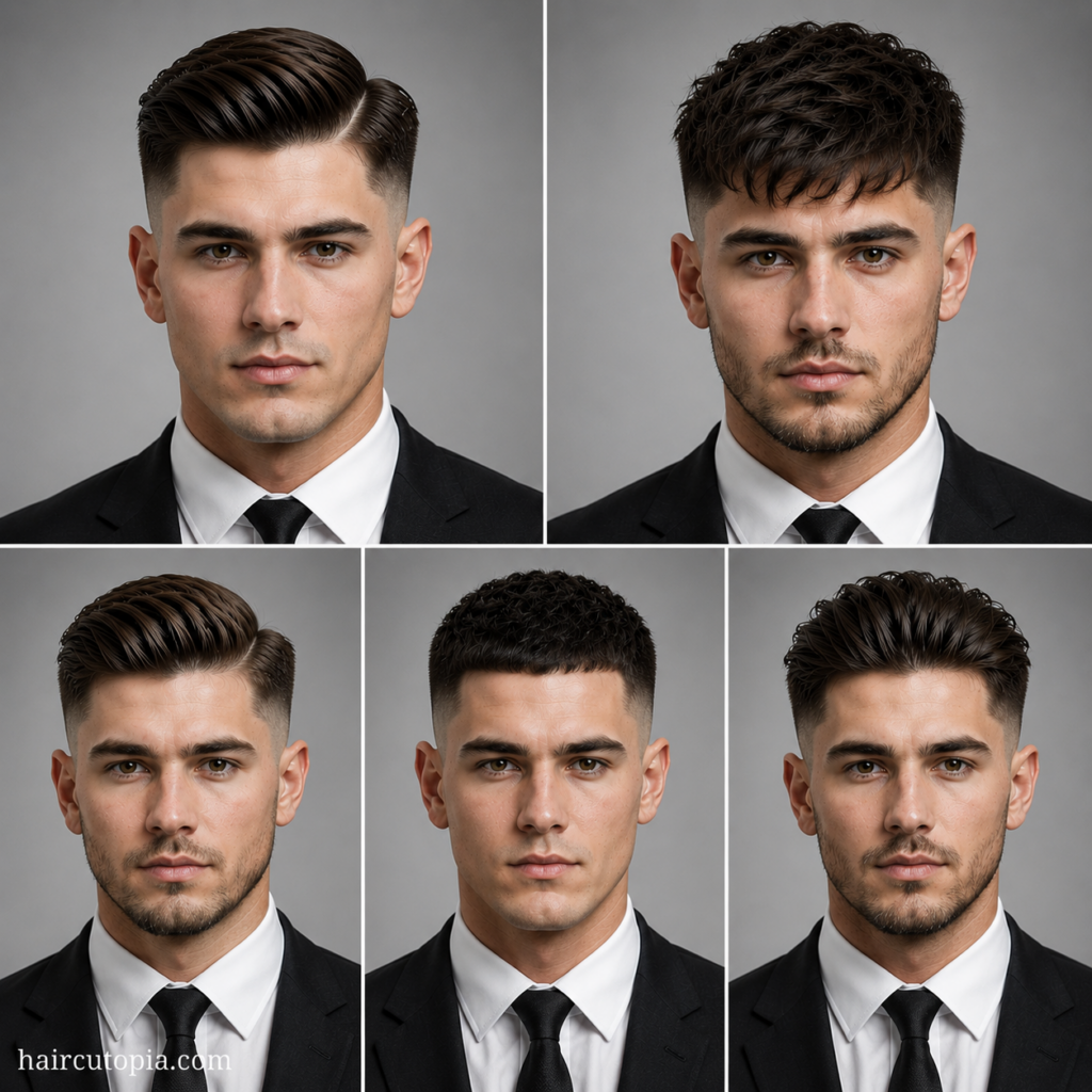 Collage featuring five professional mid fade haircuts for men, including a side part, textured crop, comb over, crew cut, and brushed-back style, shown from the front.
