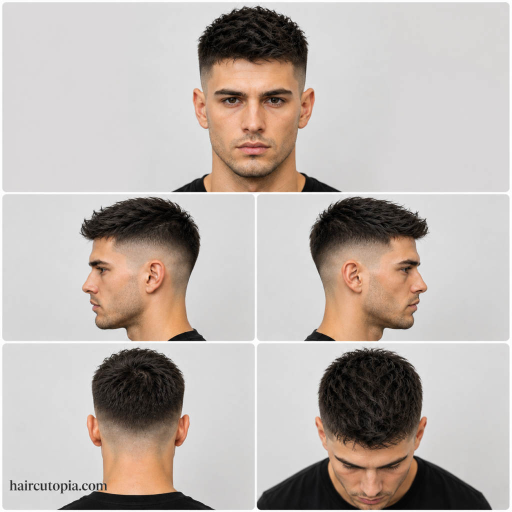 Five-panel collage of a fictional man with a modern short fade haircut shown from front, left side, right side, back, and bird’s-eye views with haircutopia.com watermark.