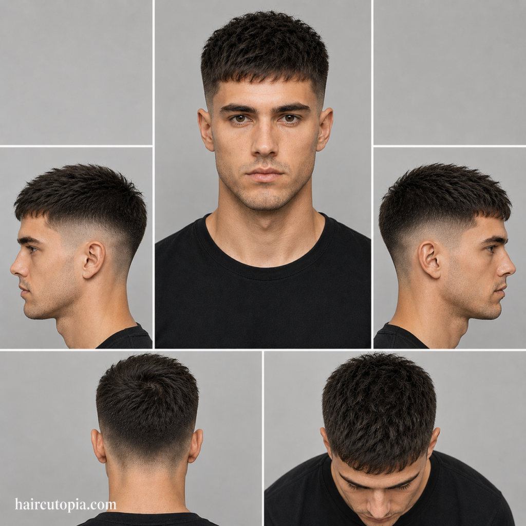 Five-panel collage showing a fictional man with a short low fade haircut from front, side, back, and bird's-eye views with haircutopia.com watermark.