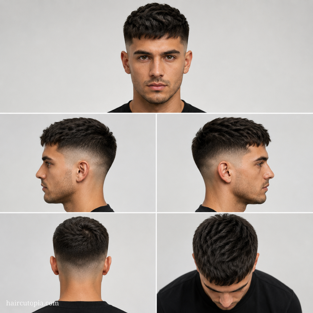 Five-panel collage showing a short mid fade haircut from the front, left side, right side, back, and top view, highlighting the fade transition and textured top.
