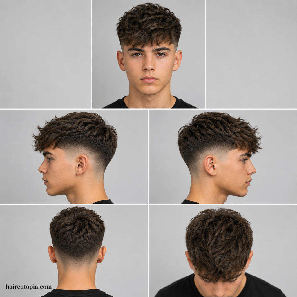 Five-panel collage showing a fictional teen boy with a textured fade haircut from front, left side, right side, back, and bird's-eye views with haircutopia.com watermark.
