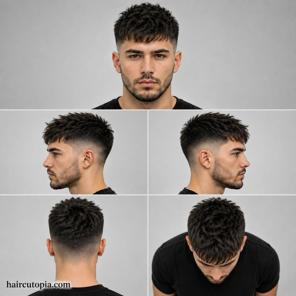 Five-panel collage of a textured fade haircut showing front, left side, right side, back, and bird's-eye views on a fictional man with haircutopia.com.