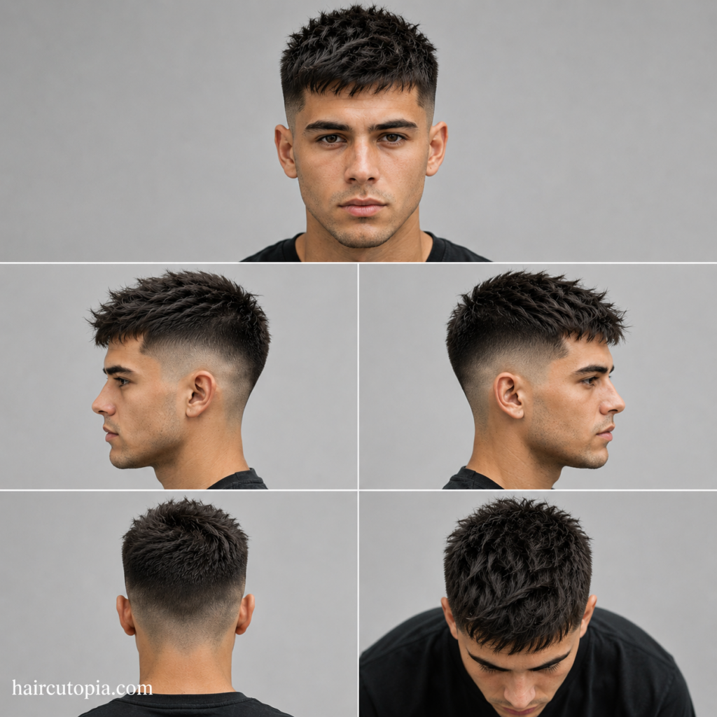 Five-panel collage showing a textured low fade haircut from front, left side, right side, back, and bird’s-eye top views on a fictional male model with haircutopia.com watermark.