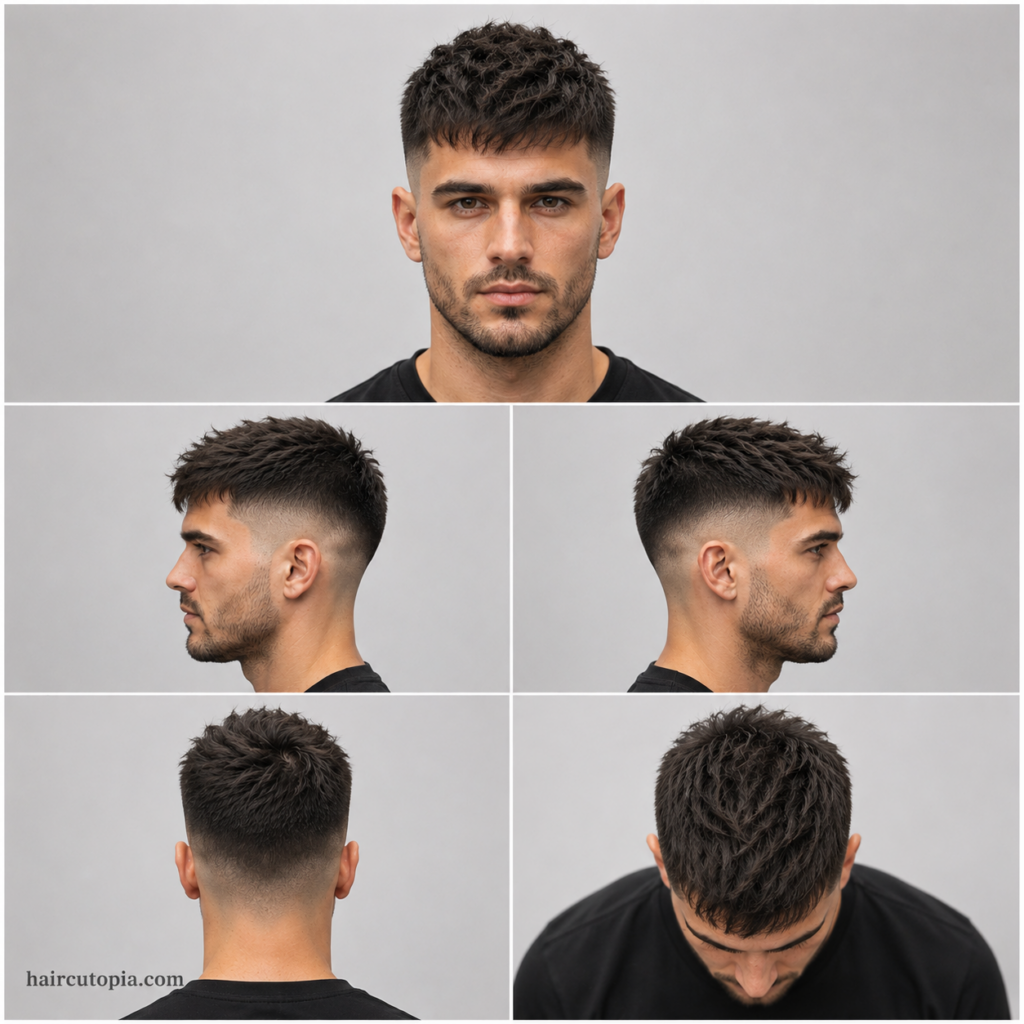 Five-panel collage showing a textured mid fade haircut from the front, left side, right side, back, and top views, highlighting texture, volume, and fade blending.