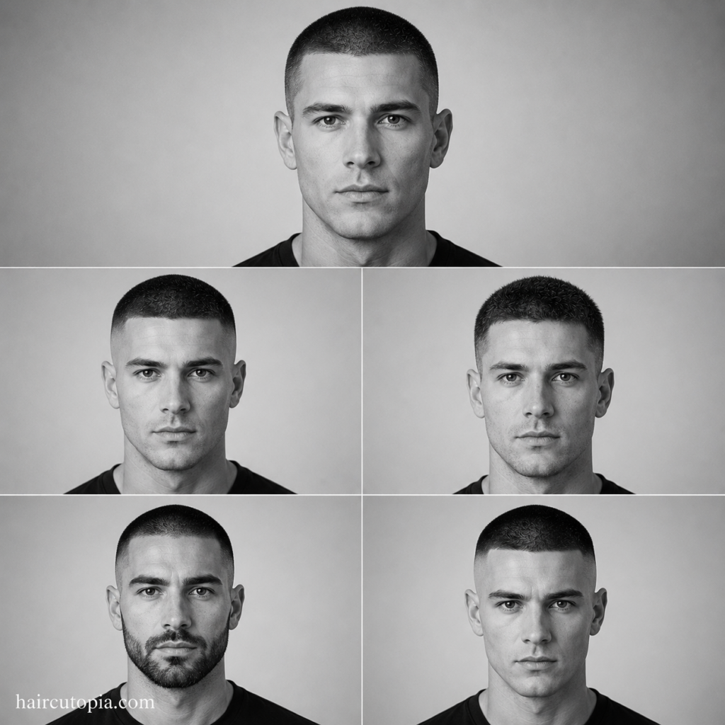 Front-facing collage featuring five popular buzz cut hairstyles including a classic buzz cut, low fade buzz cut, textured buzz cut, buzz cut with beard, and skin fade buzz cut.