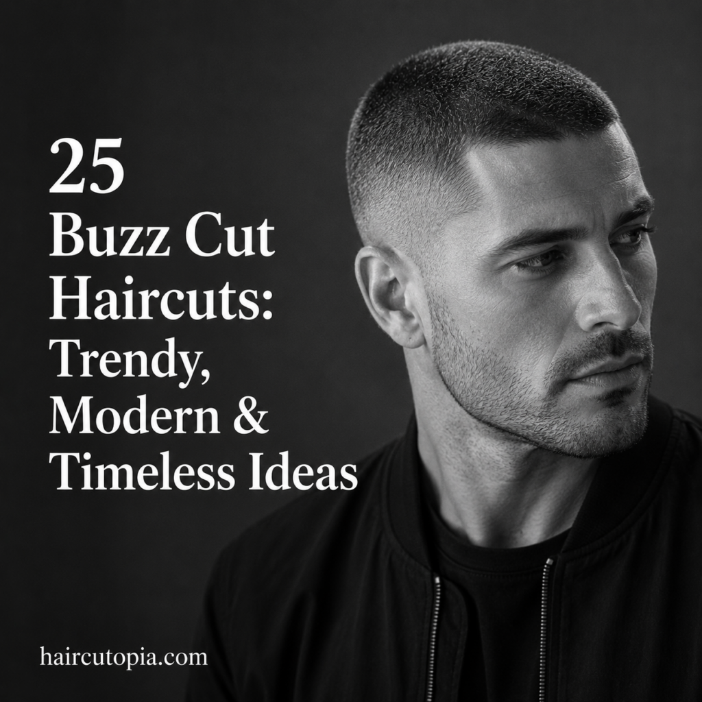 Man with a modern buzz cut haircut featuring a clean fade and sharp styling, representing trendy and timeless buzz cut hairstyles.