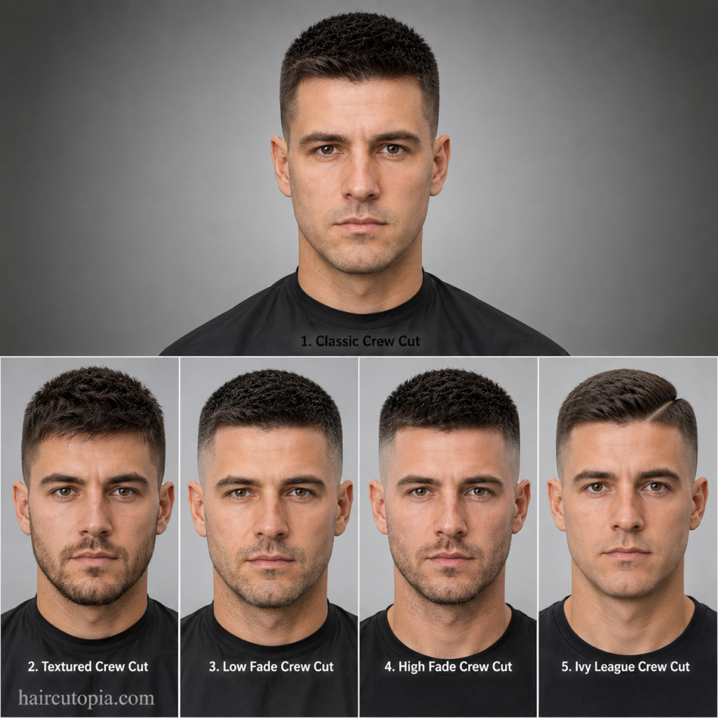 Five front-facing crew cut hairstyles including classic, textured, low fade, high fade, and Ivy League crew cuts displayed in a collage